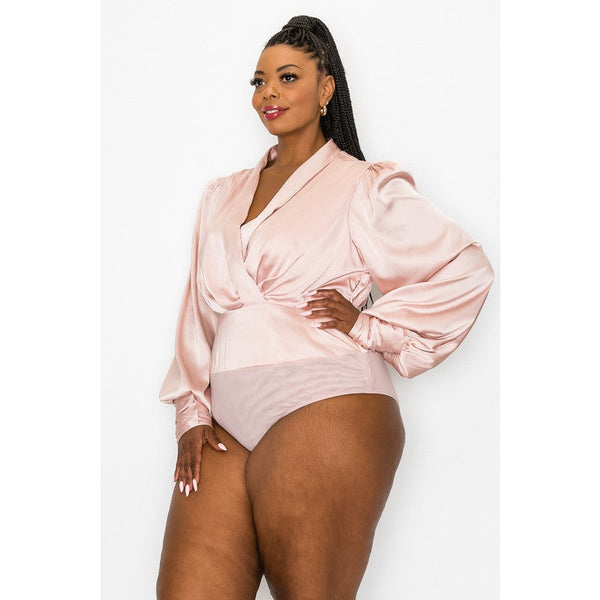 Plus Rose Satin Plunge Bodysuit, Plus Size